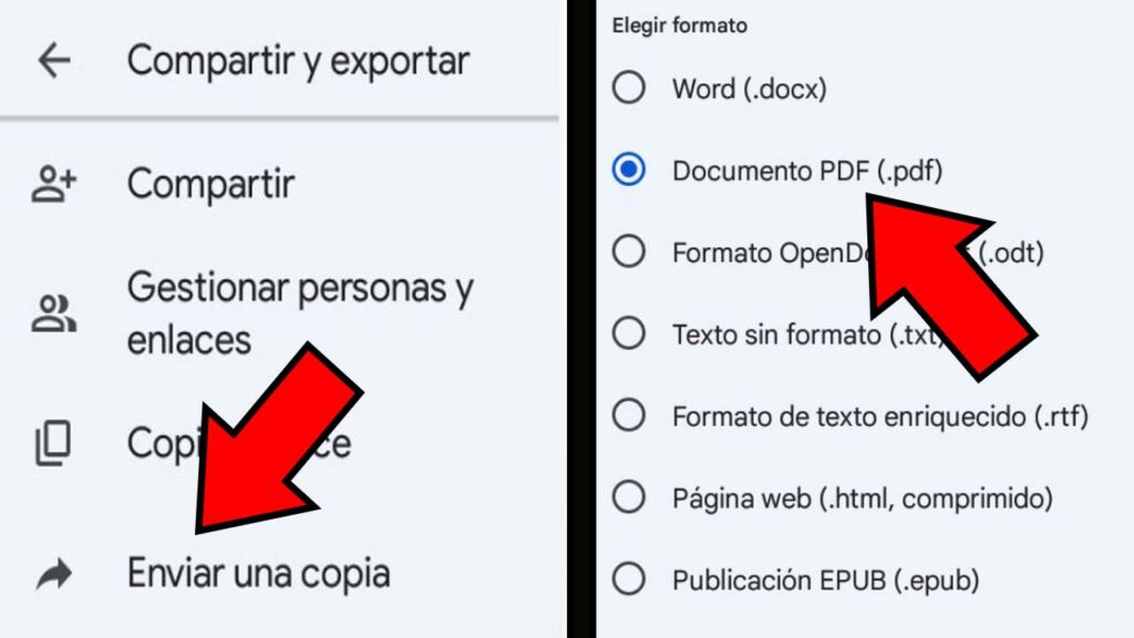 Opciones “Enviar un copia” y “Documento PDF” de Google Docs.