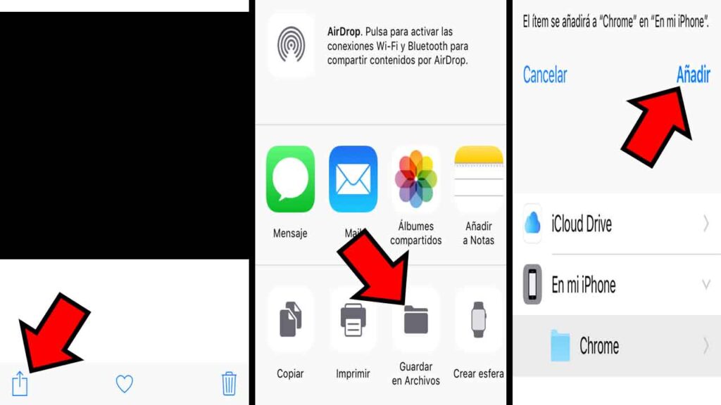 Icono de “Compartir”, y las opciones “Guardar en Archivos” y “Añadir” de un iPhone.