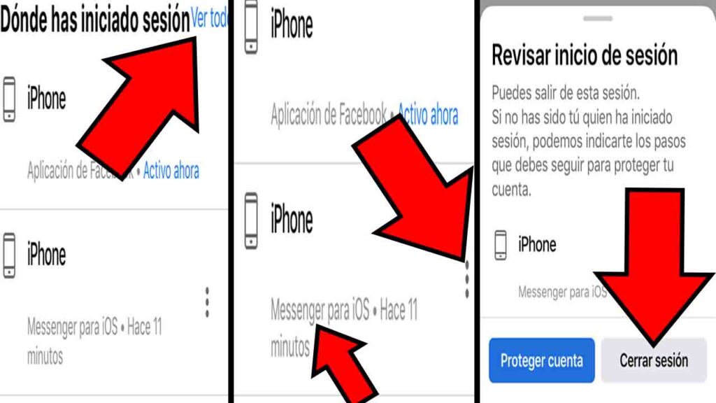 Opciones “Ver todo” y “Cerrar sesión”, apartado “Messenger”, e icono de los tres puntos en iPhone.