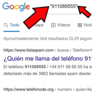 Número de teléfono buscado entre comillas en Google.