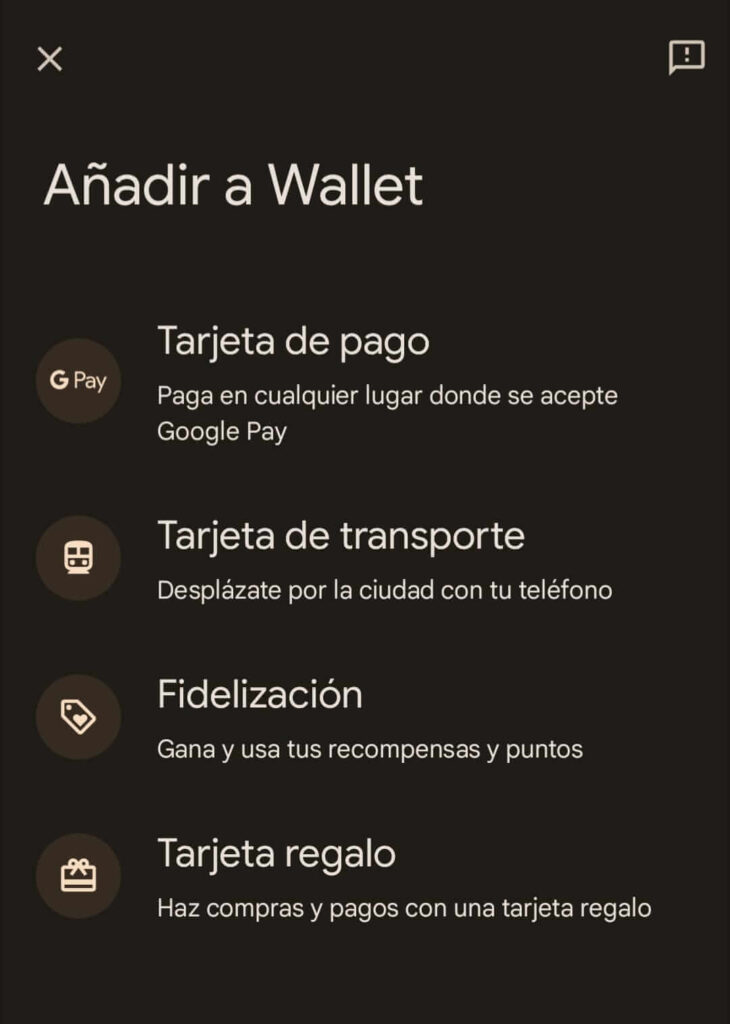 Menu opciones de Google Wallet