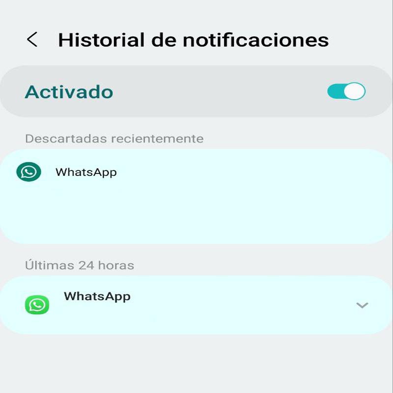 Historial de notificaciones de Android mostrando un mensaje almacenado de WhatsApp.