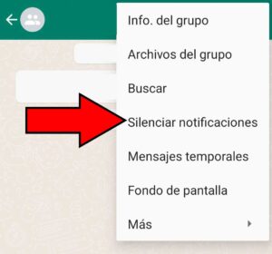 Menú de WhatsApp mostrando la opción “Silenciar notificaciones”.