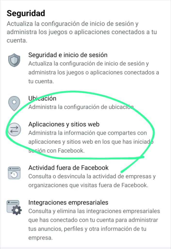 Sección "Apps y SItios Web" en Facebook App