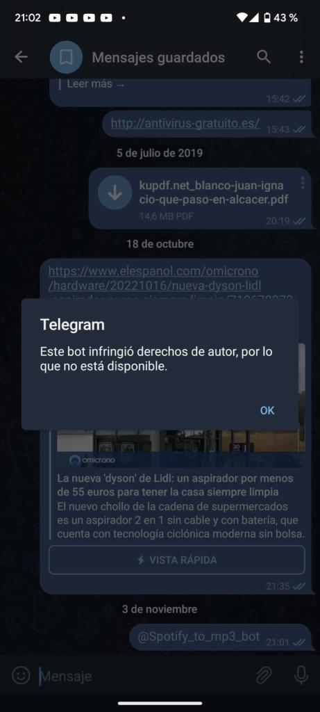 Bot de Telegram eliminado