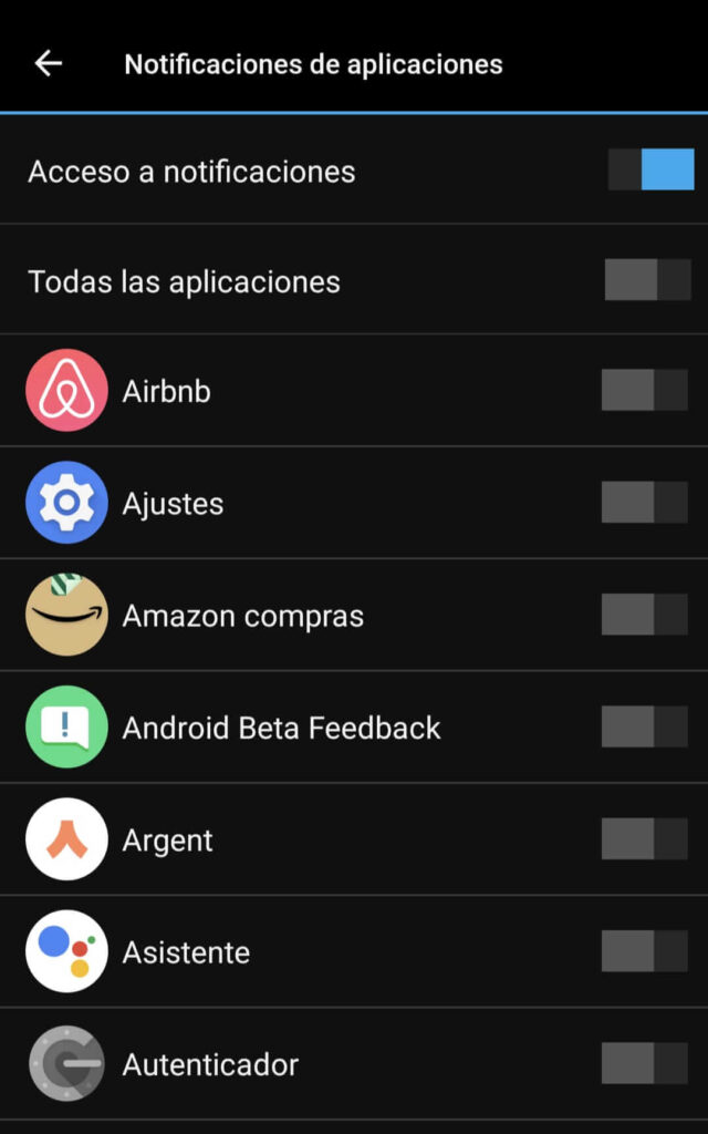 Selección de apps con permisos para enviar notificaciones