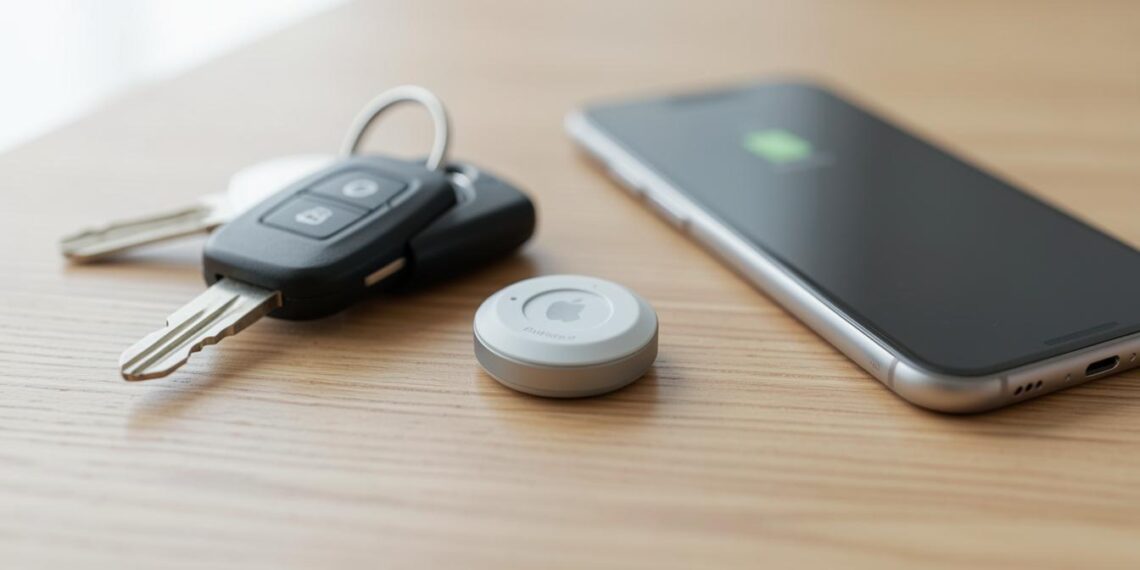 AirTag de Apple junto a llaves y smartphone
