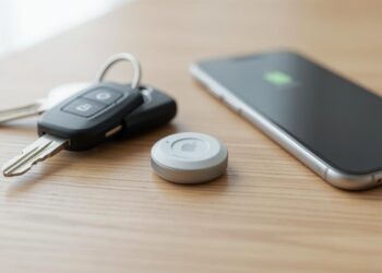 AirTag de Apple junto a llaves y smartphone
