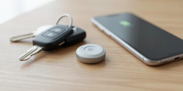 AirTag de Apple junto a llaves y smartphone