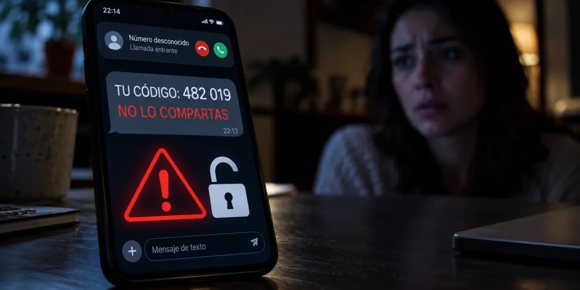 Teléfono con un código de verificación no solicitado y una advertencia para no compartirlo