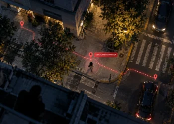 Vista aérea de una mujer seguida por una ruta de ubicación compartida