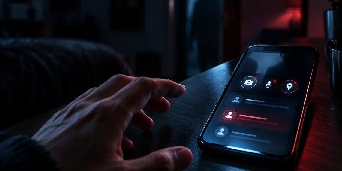Persona revisando señales de acceso no autorizado en la cámara, el micrófono y la ubicación de su celular