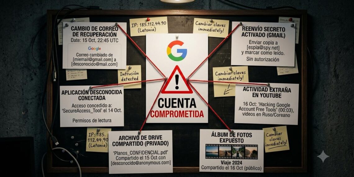 Tablero de investigación con señales de una cuenta de Google comprometida