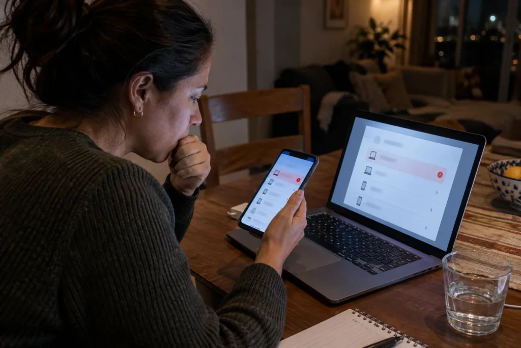 Mujer revisando una sesión desconocida en su celular y computadora