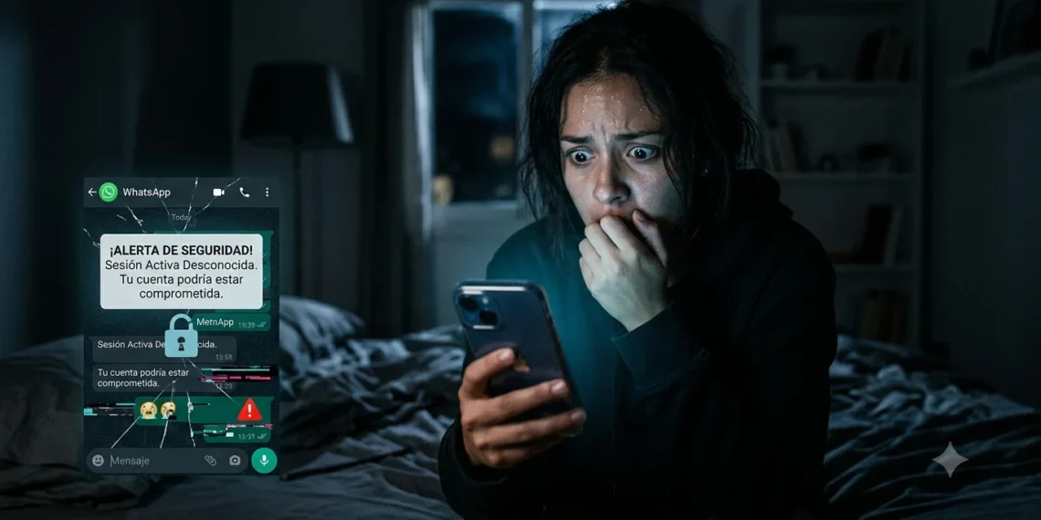 Mujer alarmada ante una alerta de seguridad y una sesión desconocida de WhatsApp