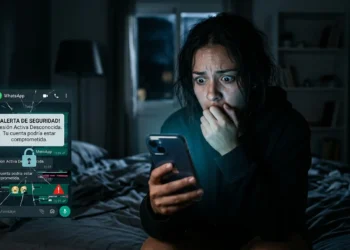 Mujer alarmada ante una alerta de seguridad y una sesión desconocida de WhatsApp