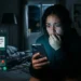 Mujer alarmada ante una alerta de seguridad y una sesión desconocida de WhatsApp