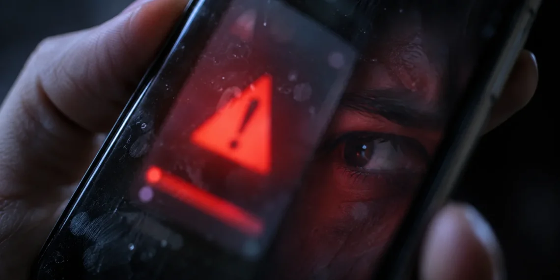Alerta de seguridad reflejada junto al ojo de una persona en la pantalla del celular