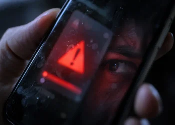 Alerta de seguridad reflejada junto al ojo de una persona en la pantalla del celular