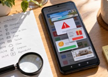 Celular Android cubierto por anuncios emergentes mientras se revisa una lista de aplicaciones instaladas