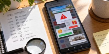 Celular Android cubierto por anuncios emergentes mientras se revisa una lista de aplicaciones instaladas