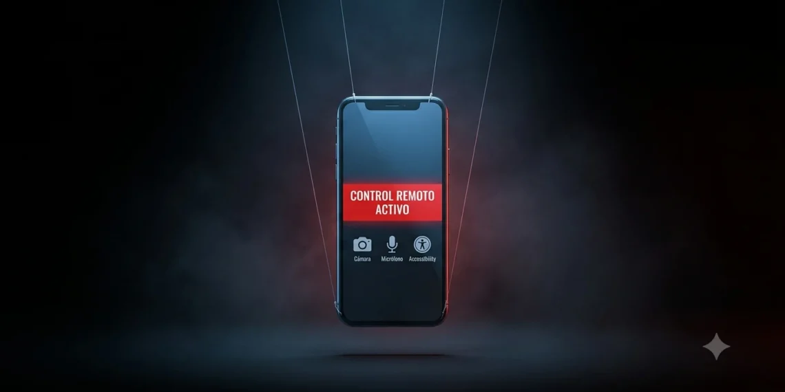 Teléfono suspendido como una marioneta con el aviso Control remoto activo