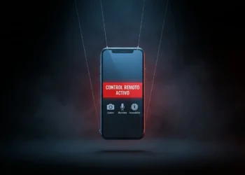 Teléfono suspendido como una marioneta con el aviso Control remoto activo