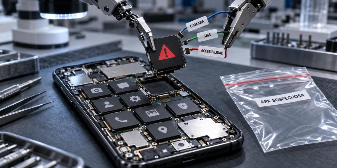 Brazos robóticos retiran una APK sospechosa y desconectan sus permisos de cámara, SMS y accesibilidad