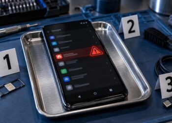 Celular Android aislado en una bandeja técnica con una aplicación maliciosa señalada y una secuencia de limpieza