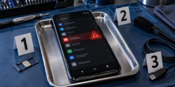 Celular Android aislado en una bandeja técnica con una aplicación maliciosa señalada y una secuencia de limpieza
