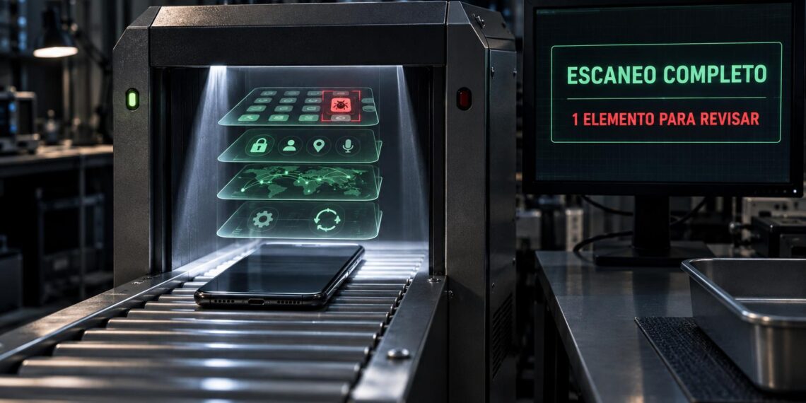 Celular pasando por un escáner de seguridad que detecta una aplicación sospechosa