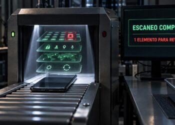Celular pasando por un escáner de seguridad que detecta una aplicación sospechosa
