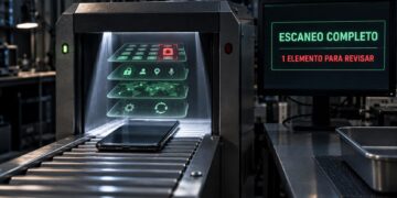 Celular pasando por un escáner de seguridad que detecta una aplicación sospechosa
