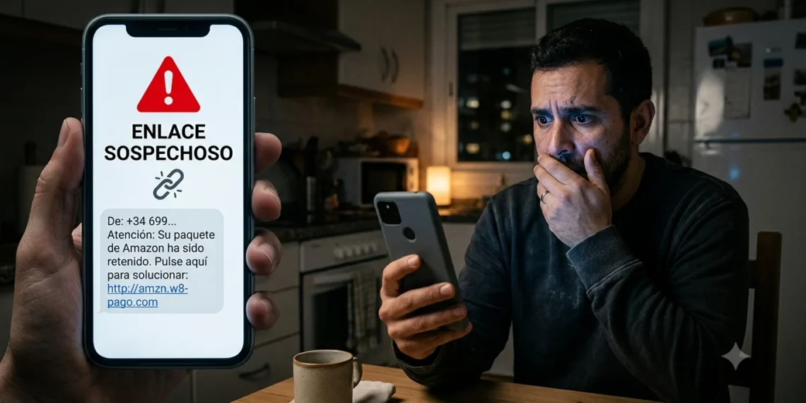 Hombre alarmado ante un aviso de enlace sospechoso en su teléfono