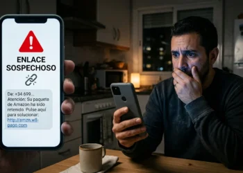 Hombre alarmado ante un aviso de enlace sospechoso en su teléfono