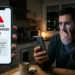 Hombre alarmado ante un aviso de enlace sospechoso en su teléfono