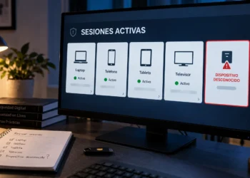 Panel de sesiones activas con un dispositivo desconocido marcado en rojo