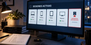 Panel de sesiones activas con un dispositivo desconocido marcado en rojo