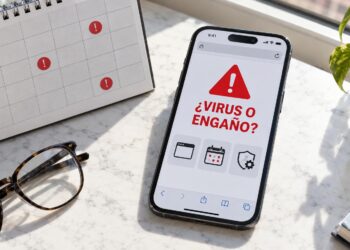 iPhone mostrando una falsa alerta de virus junto a un calendario con eventos sospechosos