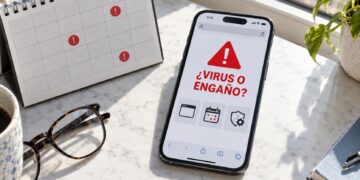 iPhone mostrando una falsa alerta de virus junto a un calendario con eventos sospechosos