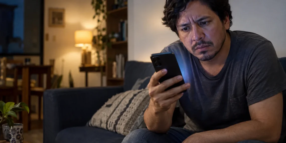 Persona preocupada observando un comportamiento extraño en su celular
