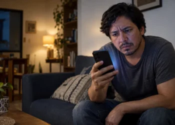 Persona preocupada observando un comportamiento extraño en su celular