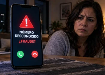 Mujer observa una llamada de un número desconocido con advertencia de fraude