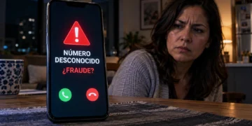 Mujer observa una llamada de un número desconocido con advertencia de fraude