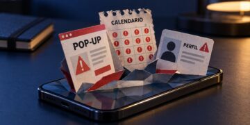 Pop-up, calendario con alertas y perfil desconocido emergiendo de un iPhone