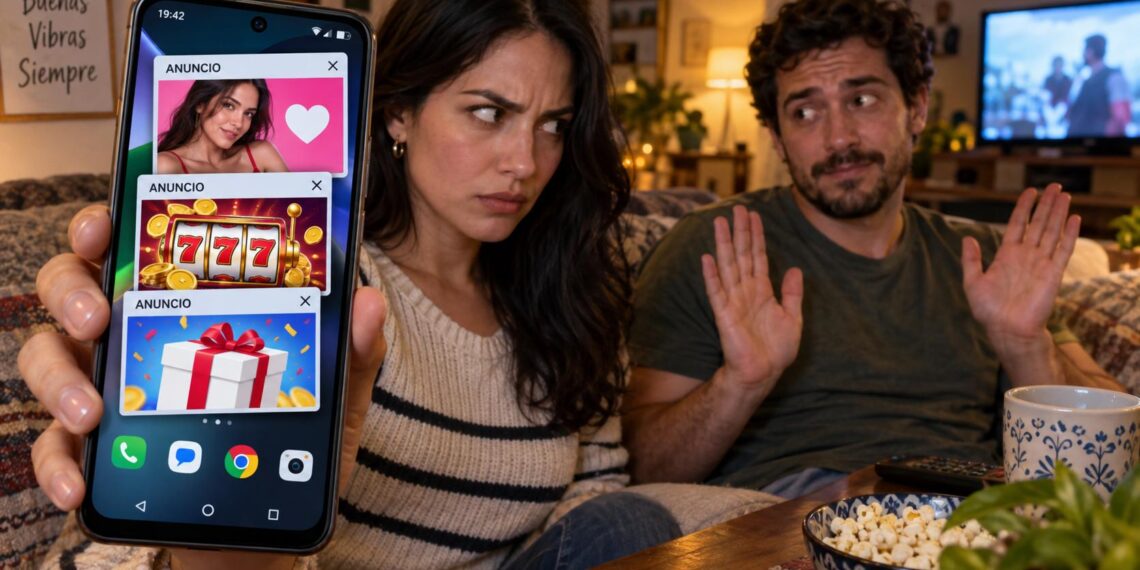 Mujer muestra un Android invadido por anuncios emergentes mientras su pareja niega haberlos abierto
