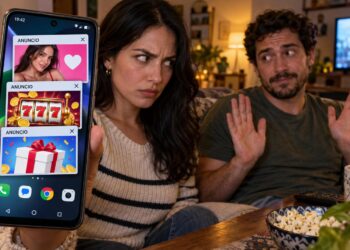 Mujer muestra un Android invadido por anuncios emergentes mientras su pareja niega haberlos abierto