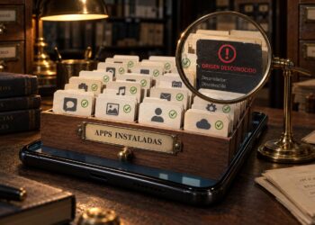Archivo de aplicaciones instaladas con una app de origen desconocido bajo una lupa
