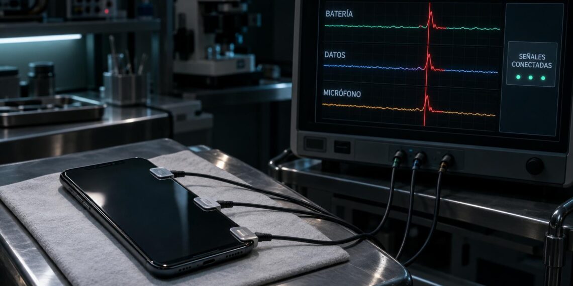 Celular conectado a un monitor que relaciona picos de batería, datos y micrófono