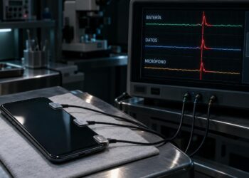 Celular conectado a un monitor que relaciona picos de batería, datos y micrófono